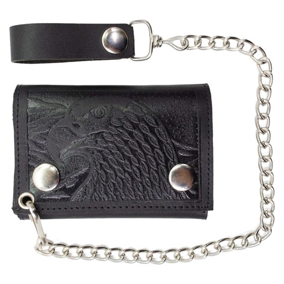 Genuine Leather Men Eagle Print Biker Trifold Long Chain Wallet - Picture 1 of 9